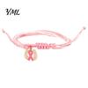 Heart Butterfly Alloy Pendants Breast Cancer Awareness Bracelet for Women, Adjustable Woven String with Comfortable Non Compressive Cord Ribbon Charm,