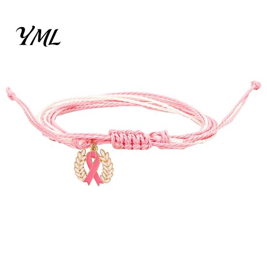Heart Butterfly Alloy Pendants Breast Cancer Awareness Bracelet for Women, Adjustable Woven String with Comfortable Non Compressive Cord Ribbon Charm,