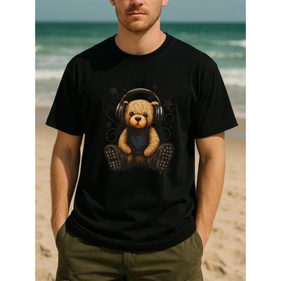 Tamanhos Europeus Camisa Masculina com Estampa de Ursinho de Pelúcia com Fones de Ouvido | Gola Redonda Solta, Confortável e Única