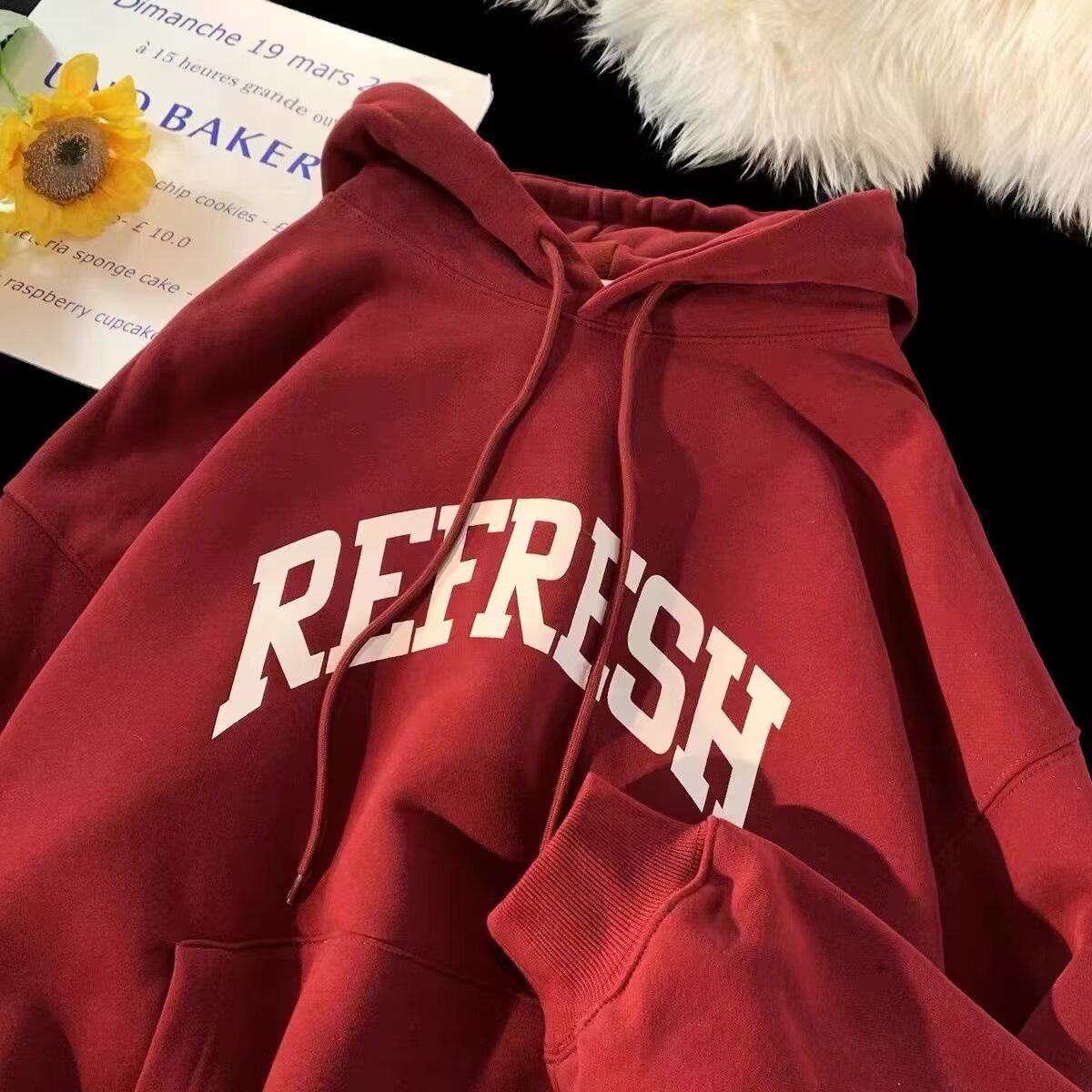 

Retro American Street Style Hooded Sweatshirt - Minimalist Letter Print, Fleece-Lined for 2025 Autumn/Winter. 5XL червоний