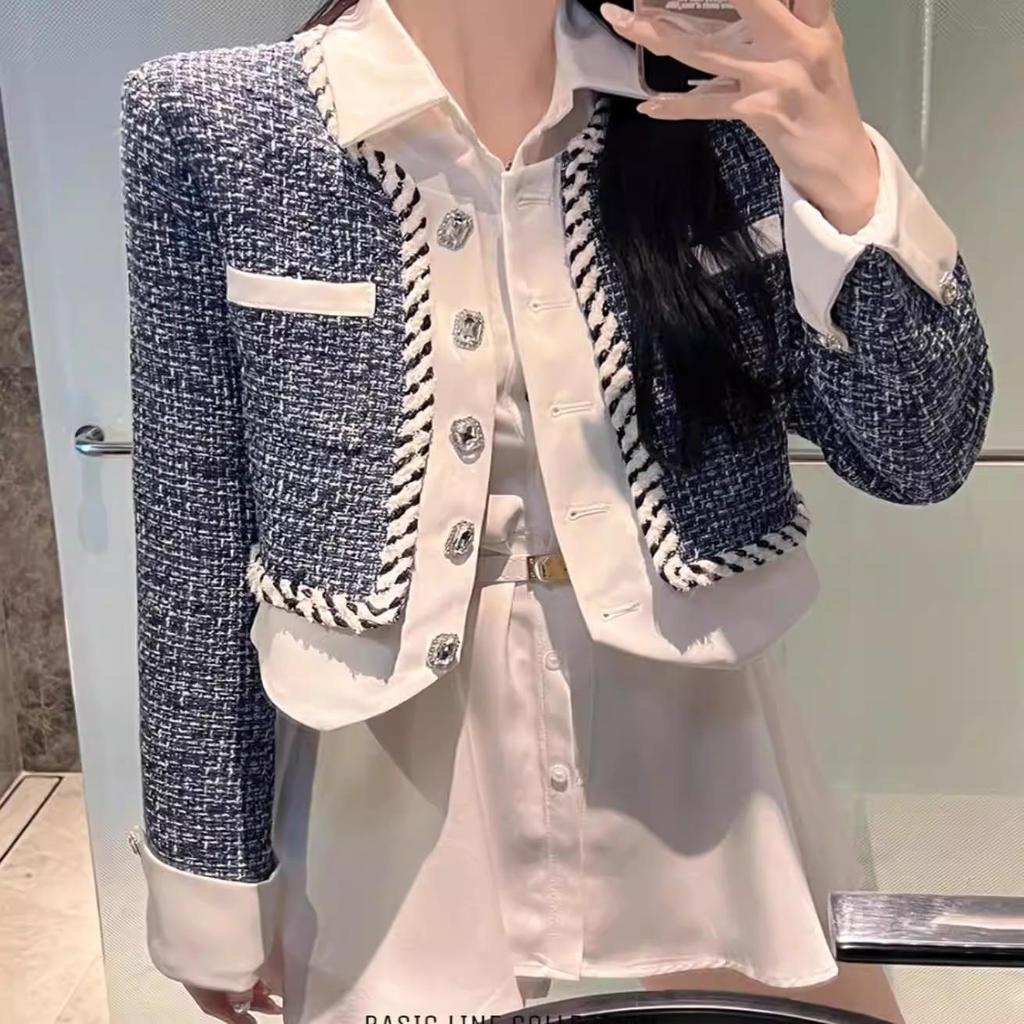Dam 2026 Vår Fransk Chic Färgblock Tweedjacka - Lös, Högkvalitativ Texturerad Cardigan Topp