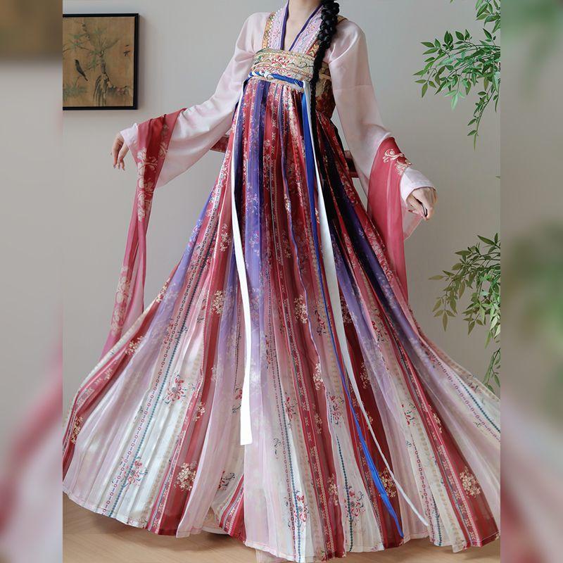 Chinesischer Tang-Dynastie-Stil Hanfu Blau Jungfräulich Serie Bestickt Brustlang Sommer Alltagsanzug