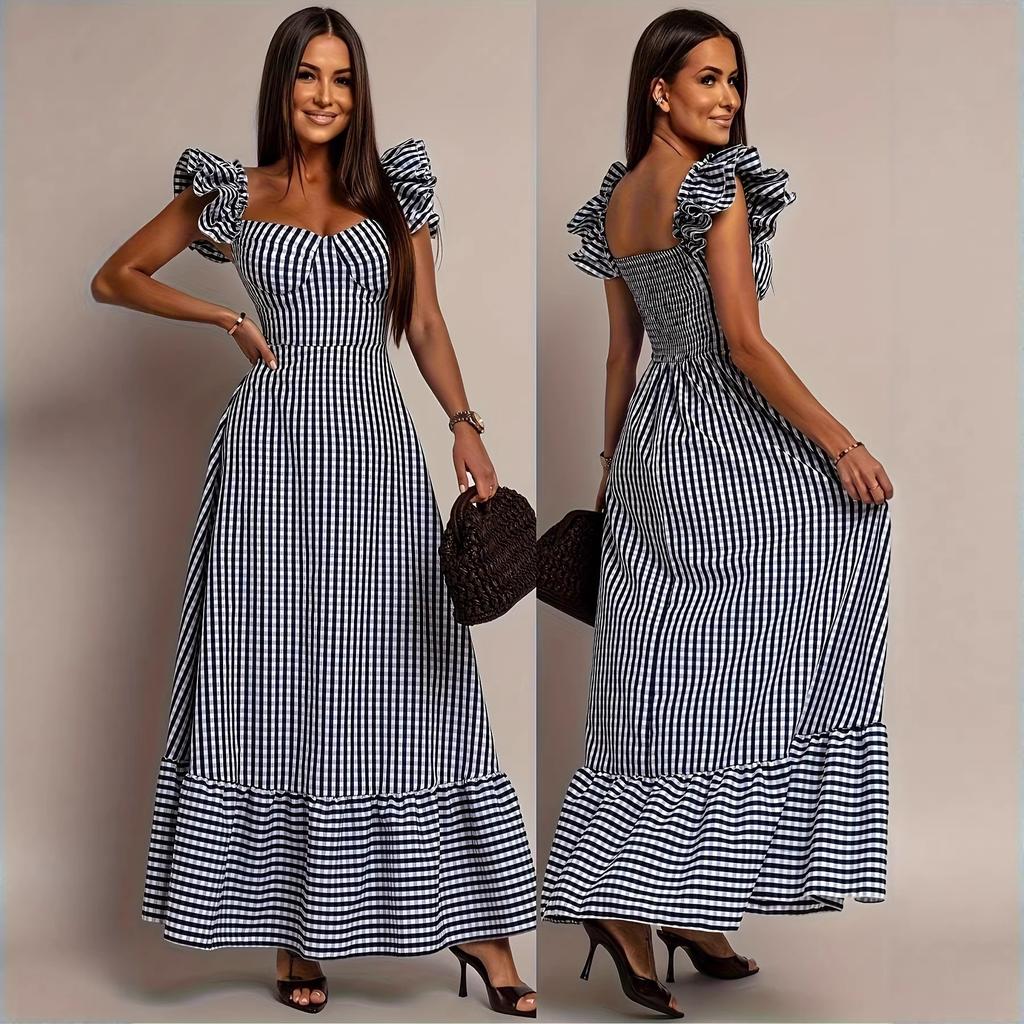 Women's Retro French Plaid Short-sleeved Dress with Ruffle Edge, Waist and Thin Dress