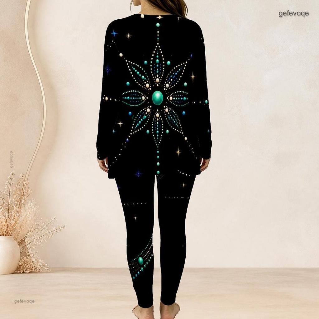 Women Plus Size Two Piece Set Round Neck Long Sleeve Black Printed Top And Long Pants