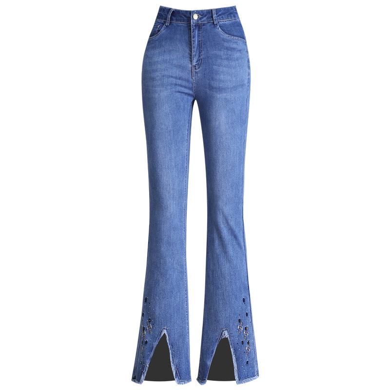 2025 Women's Slimming High-Waisted Micro-Flared Jeans with Slit and Raw Edge Detail for Spring