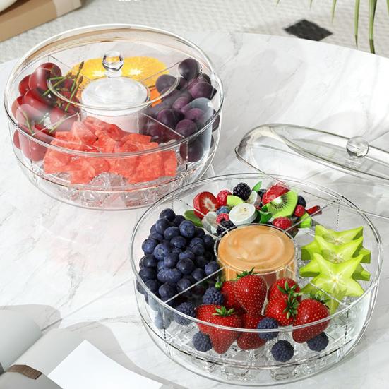 Rotating Salad Box, with Multi-Grid And Center Sauce Cup Fruit Tray, Ice Trough Cooling Base Design, Serving Bowl for Party, Gathering