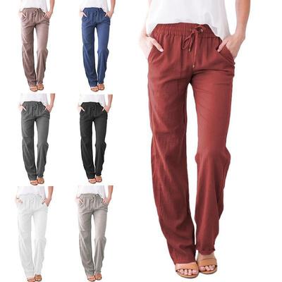 Women Cotton Linen Drawstring Pants Elastic Waist Casual Solid Color Trousers Baggy Loose Straight Leg Breathable Sweatpants