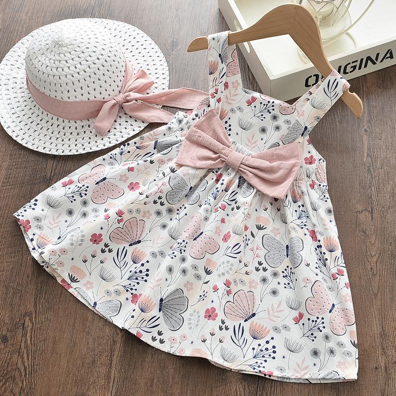 Baby Girl Butterfly Print Cotton Sundress With Hat Spring Summer Toddler Sleeveless Dress 110cm