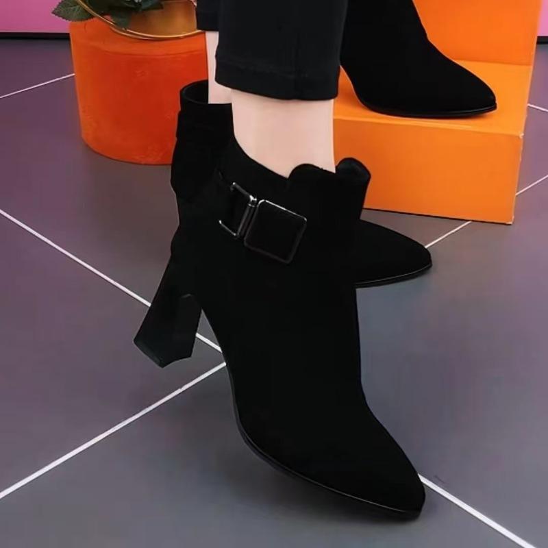 New Pointed-toe Chunk-heeled Ankle Boots, High-heeled Boots and Women's Shoes