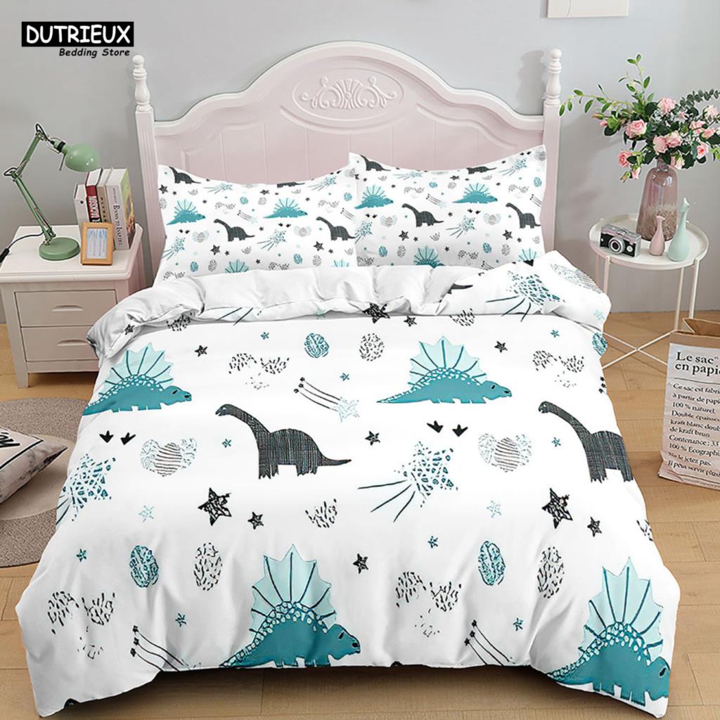 Cartoon Dinosaur Bedding Set White Soft Duvet Cover Animals Kids Boys Single Double Twin Queen King Size Duvet Cover Set