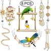 Random Bell 8PCS Bird Toys for Parakeets, Parrot Swing Chewing Hanging Standing Wooden Toys Bird Cage Accessories
