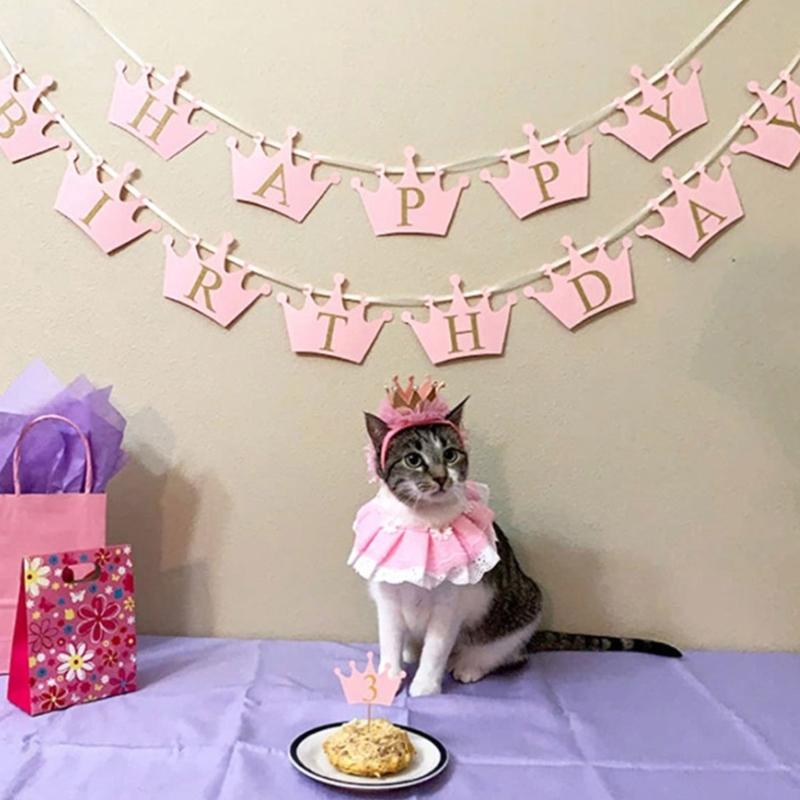 Birthday Pet Neckerchief Dog Cats Neck Wrap Birthday Costume Crown Studded Pompoms Dog Necktie