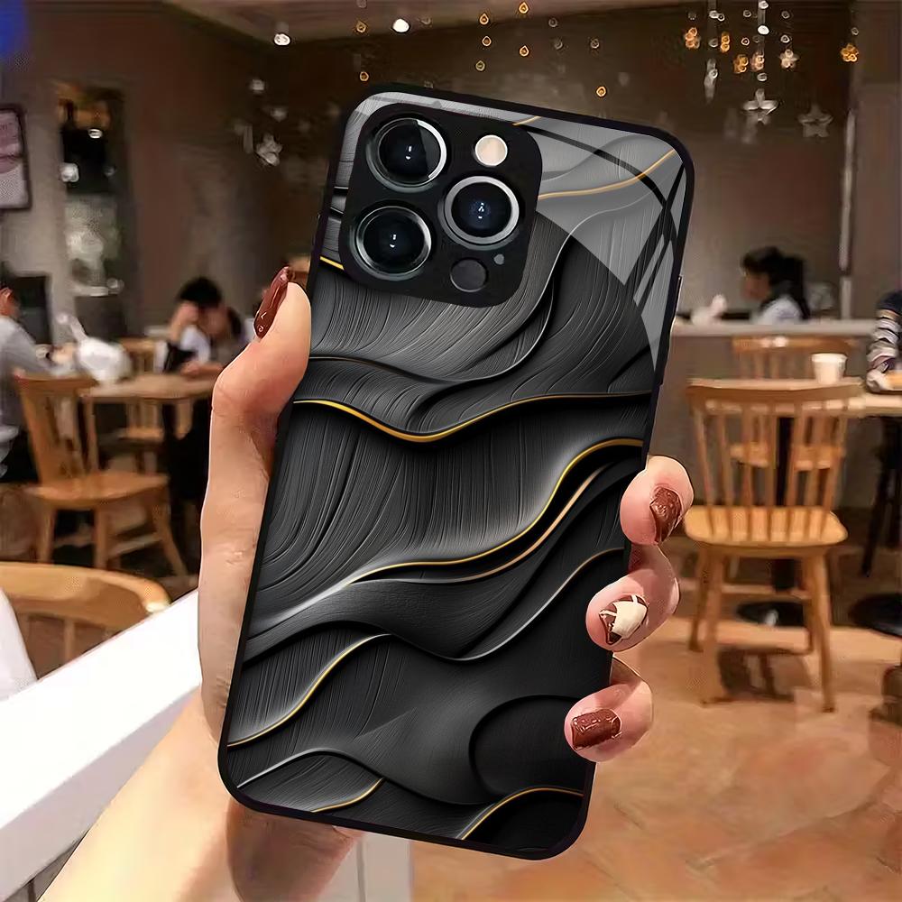 Schwarze strukturierte Muster-Hartglas-Handyhülle geeignet für iPhone 17 16 15 14 13 12 11 Pro/Max/Plus Sturzsichere Rückabdeckung