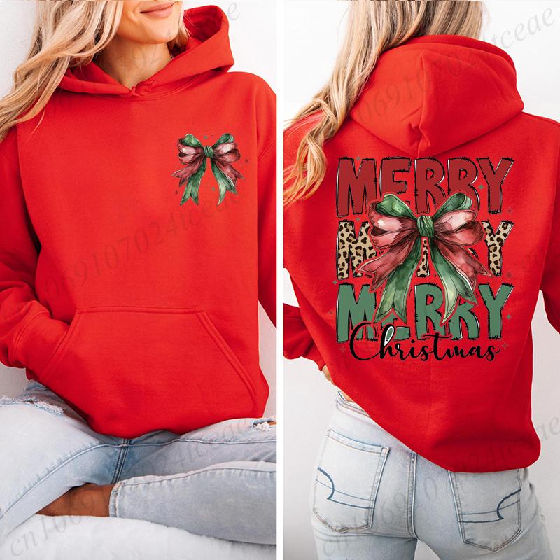 Coquette Christmas Casual Women's Hoodies Leopard Merry Christmas Print Sweatshirts Fleece Warm Pullovers Autumn Streetwear