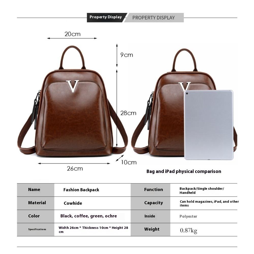 Leather Backpack Oil Wax Cowhide Backpack Women's Retro Schoolbag