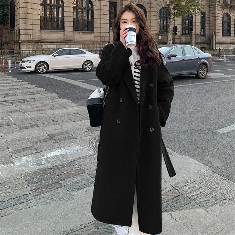 Damen Doppelreihiger Langer Wollmischung Trenchcoat Reverskragen Locker Warm Winter Oberbekleidung Übermantel