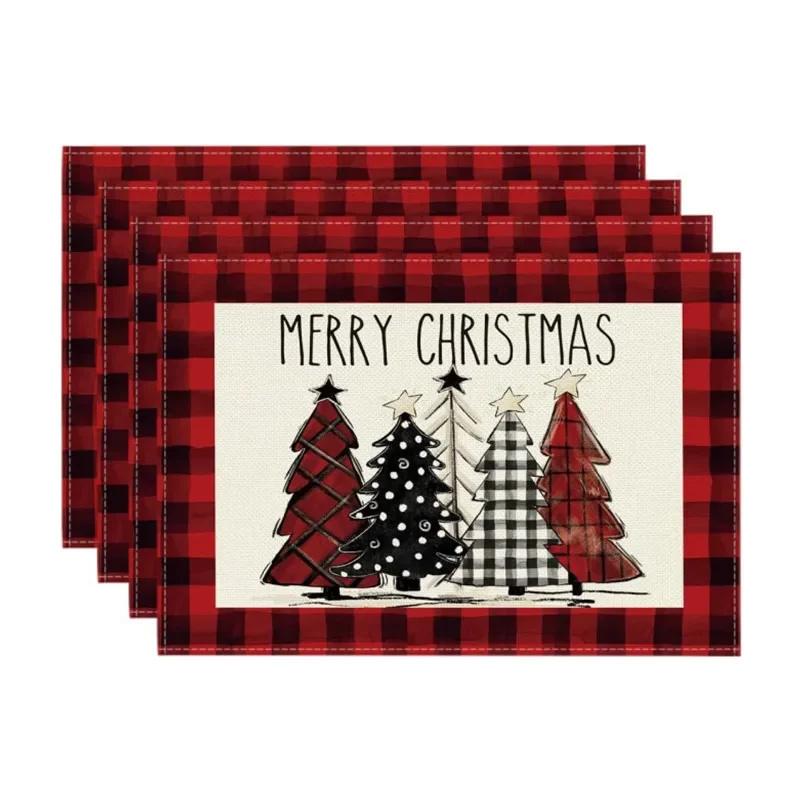 4pcs Christmas Placemat Theme Placemat Red Black Decorative Table Mat Western Meal Table Pad Christmas Dining Table Decor