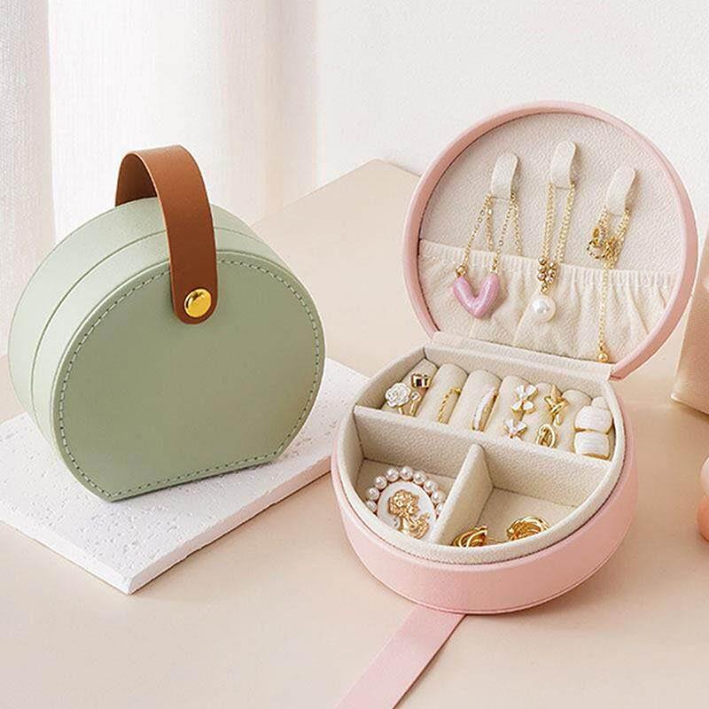 Portable Round Jewelry Box Mini Pu Leather Case For Rings Earrings Necklaces