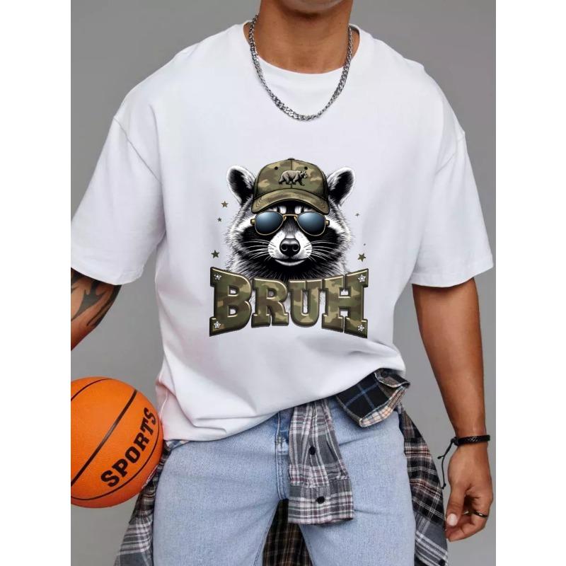 Cotton T Shirt White Raccoon Wearing Camouflage Hat and Sunglasses Bruh Text Print Casual Wear for Men and Women Outdoor Activities Streetwear Fashion