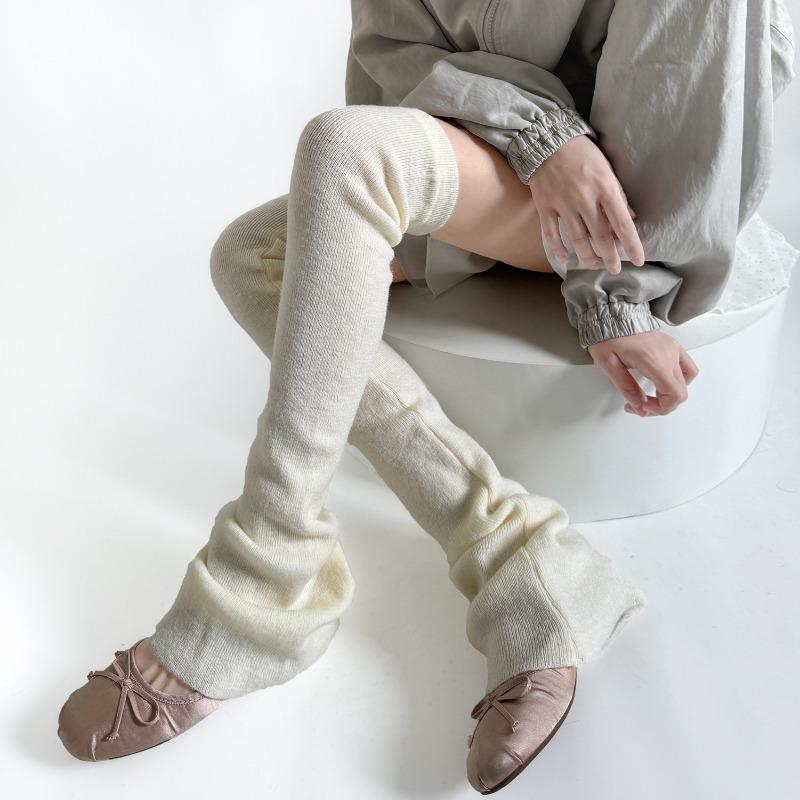 Flared High Tube Socks Harajuku Leg Warmers Knitted Slimming Women Leg Covers, Solid Color Thigh High Socks