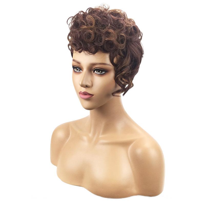 Synthetic Old Woman Wig Curly Short Haircuts Mommy Wig with Side Bangs Heat Resistant Afro Kinky Curls Casual Style Natural Wig