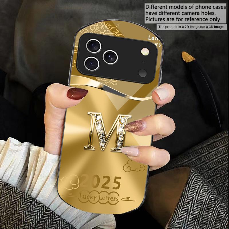 Gradient yellow letter M For iPhone 17 16 15 14 Pro 13 Plus 12 mini 11 Pro Max XR X S 7 8 Elliptical Tempered Glass Phone Case