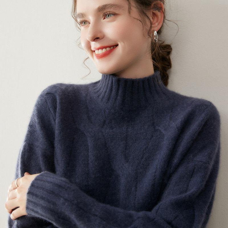 Women's Cashmere Half-High Neck Cable Knit Pullover - Thick, Loose & Cozy for Autumn/Winter.