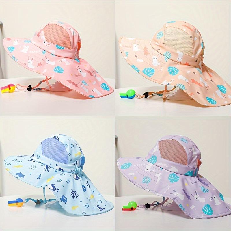 Kids UV Protection Sun Hat With Cape Quick Dry Breathable Beach Cap Summer Printed Outdoor Shade Headwear For Boys Girls