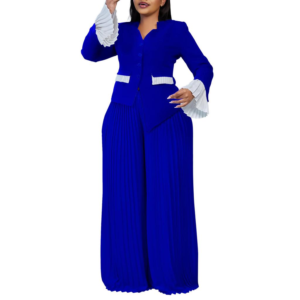 Plus Size Color Block Bell Sleeve Top & Ruffled Wide Leg Pants Two-Piece Set for Women