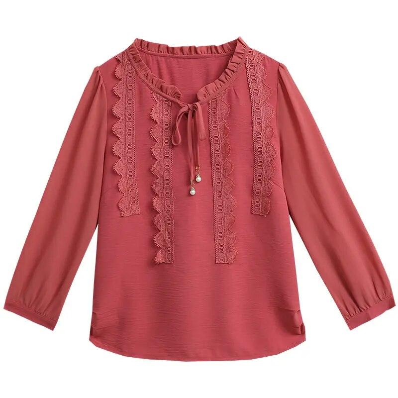 Spring Autumn New Loose Chiffon Shirt Korean Long Sleeved Bottoming Top Women's Lace Ruffled Collar Blouse M-4XL