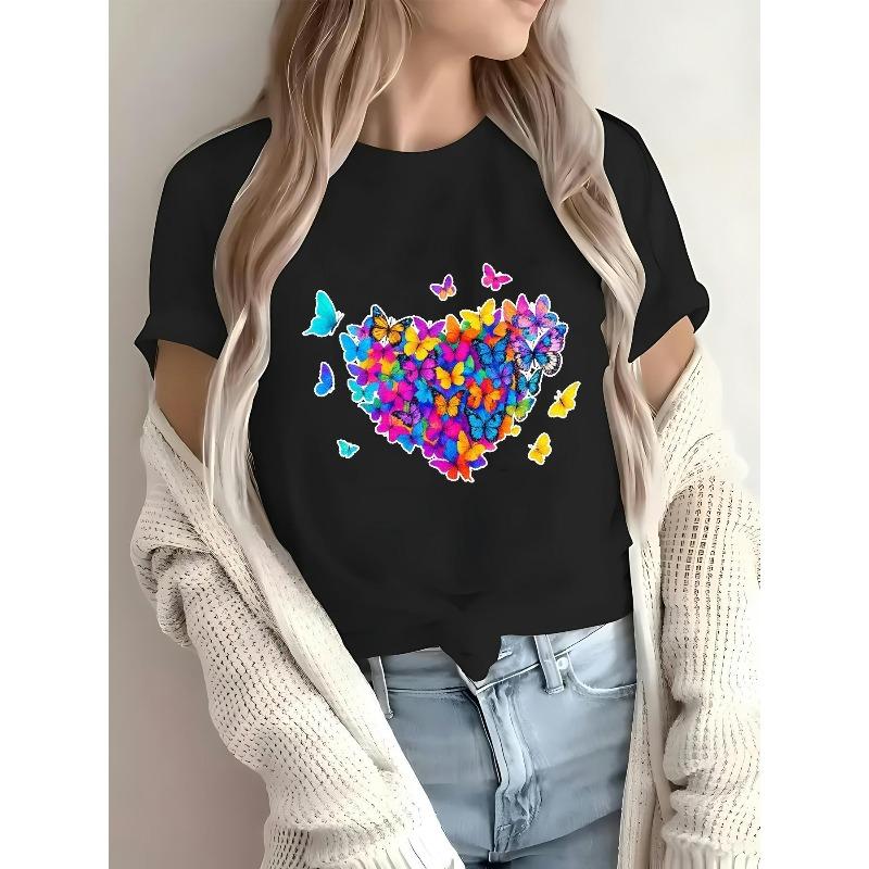 European Size Women'S Casual T-Shirt with Vibrant Heart  Butterfly Print - Short Sleeve, Round Neck, Slim Fit