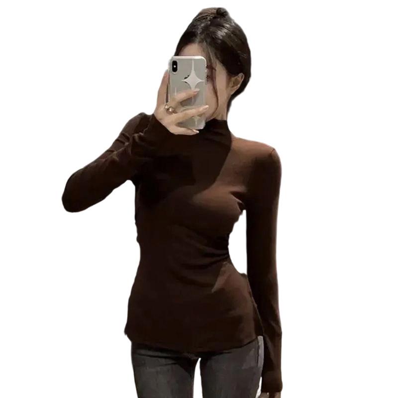 Women's Pure Desire Chic Slit Base Layer Top: Slim Fit, Half-High Collar, Long Sleeve, Fleece, Patchwork Design for Autumn/Winter