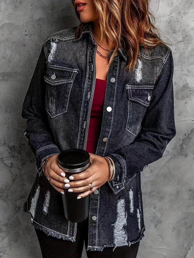 Plus Size Women's Ripped Washed Denim Cardigan Jacket