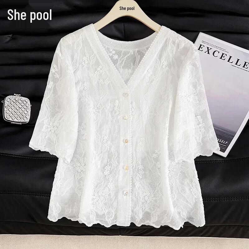 Elegant French V-Neck Embroidered Blouse One Size