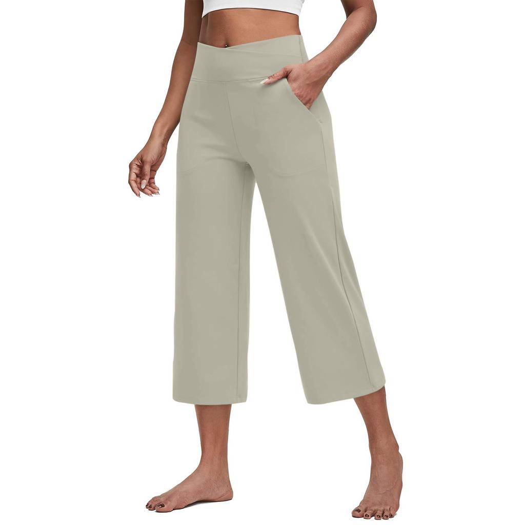 Women Elastic High Waist Casual Fit Wide Capris Leg Pants Yoga Leggings Soft Gym With Pockets