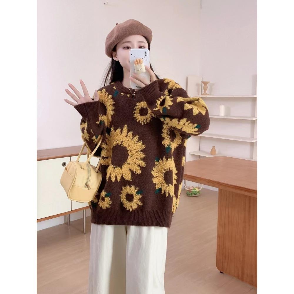 Evropský a americký slunečnicový žakárový svetr pletený svetr Dámský podzimní a zimní svetr s kulatým výstřihem a dlouhým rukávem střední a dlouhý