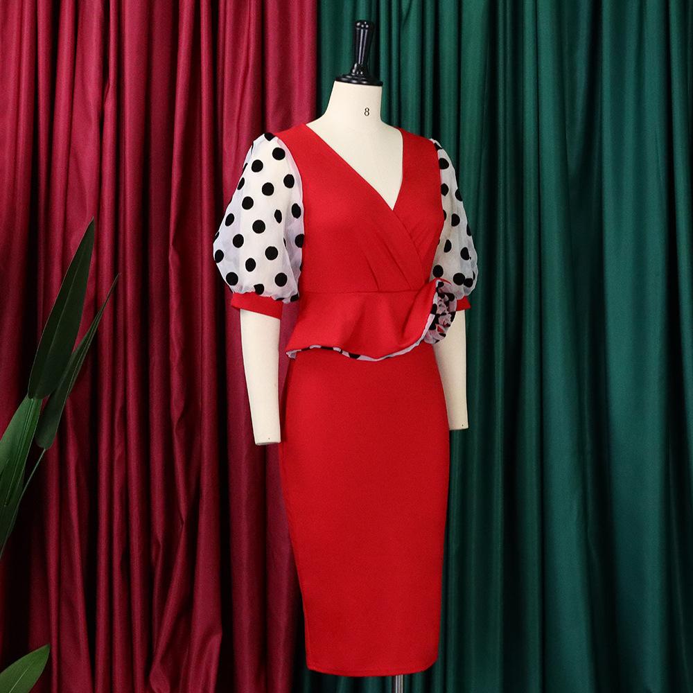 Large Size Women Fashion Mid Sleeves Patchwork Dress Ladies Elegant One Piece V Neck Sheath Dress