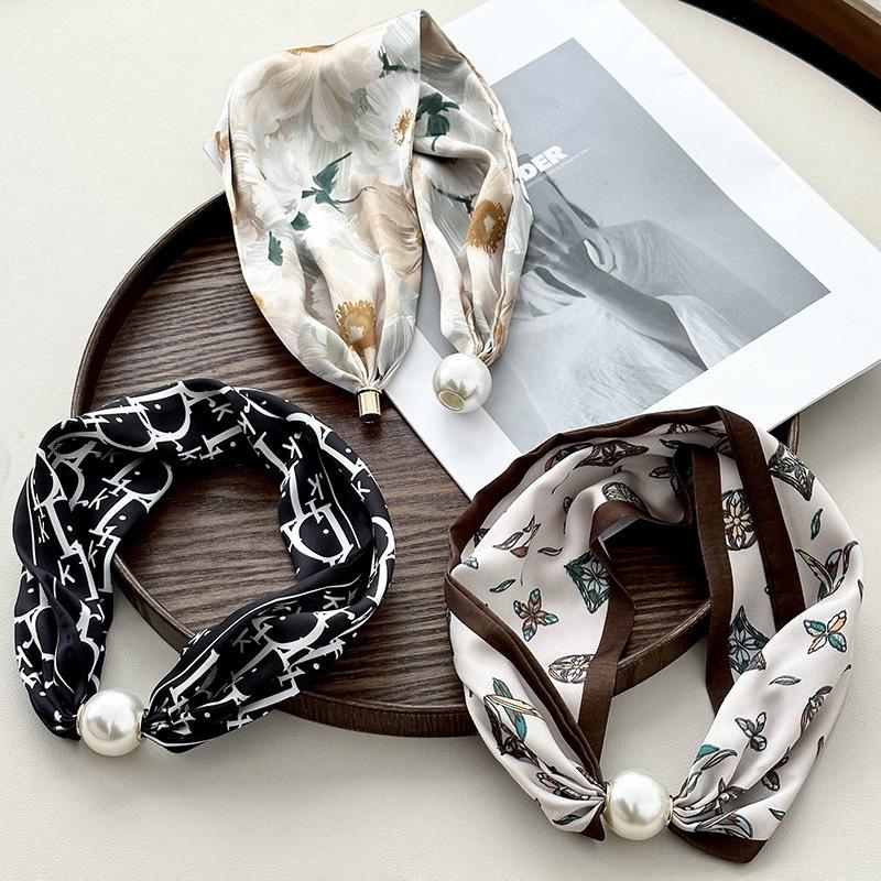 Pearl magnetic buckle small silk scarf women's lazy neck protection spring new versatile high-sense magnetic buckle necklace scarf