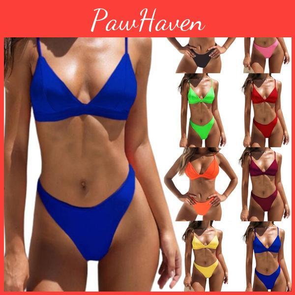 Sexy Piece Women Bikini 2 Set Spaghetti Strap Vneck Push Up Padded Swimsuit Solid Color Low Waist High Cut Bathing Suit Beachwear