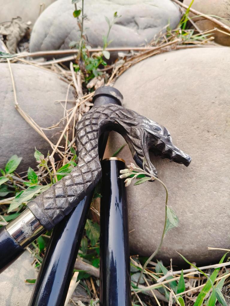 Silver Dragon Head Walking Stick – 3 Fold Black Hardwood Cane, Style Handle