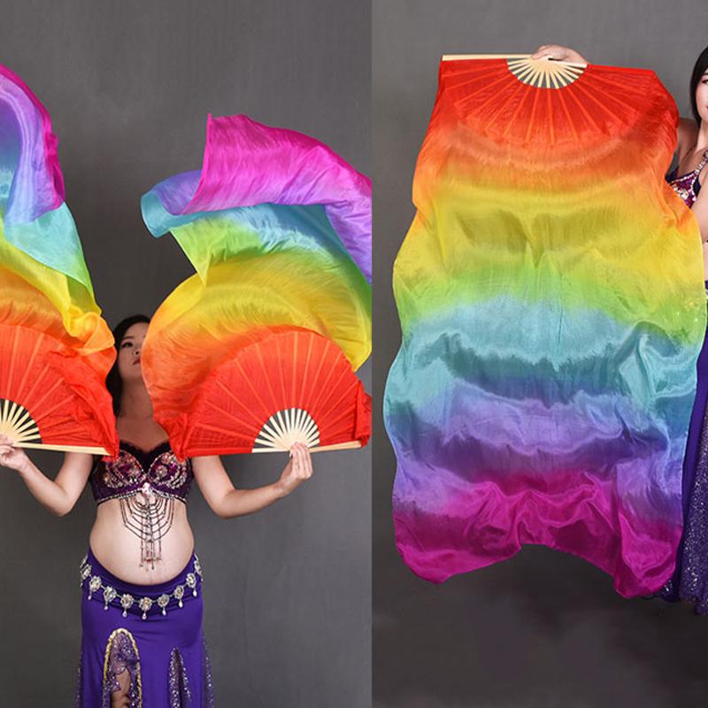 1 Pcs 150cm Length Belly Dance Fan Gradient Color Real Silk Bamboo Fans Practice Dance Silky Veil Stage Performance Props