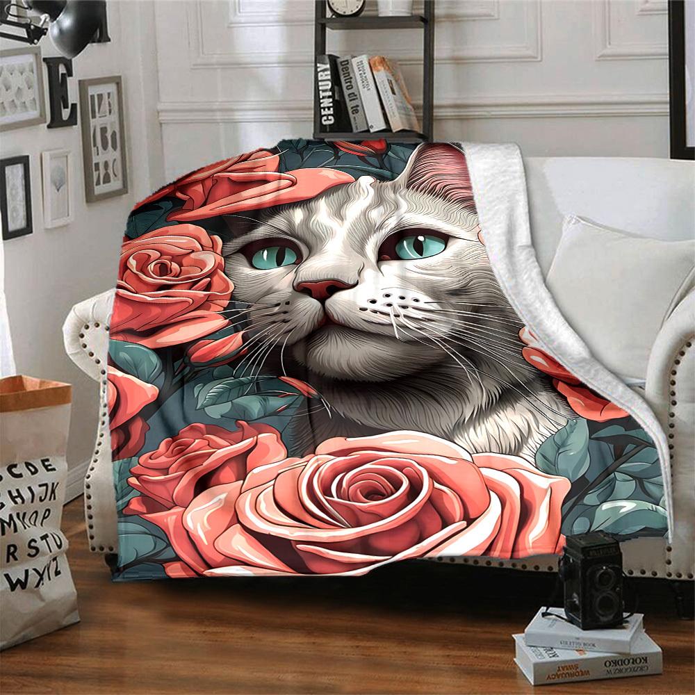 1pc Floral Cat Lightweight Flannel Blanket, Comfortable and Warm Blanket, for Office and Camping Sofa Bed001