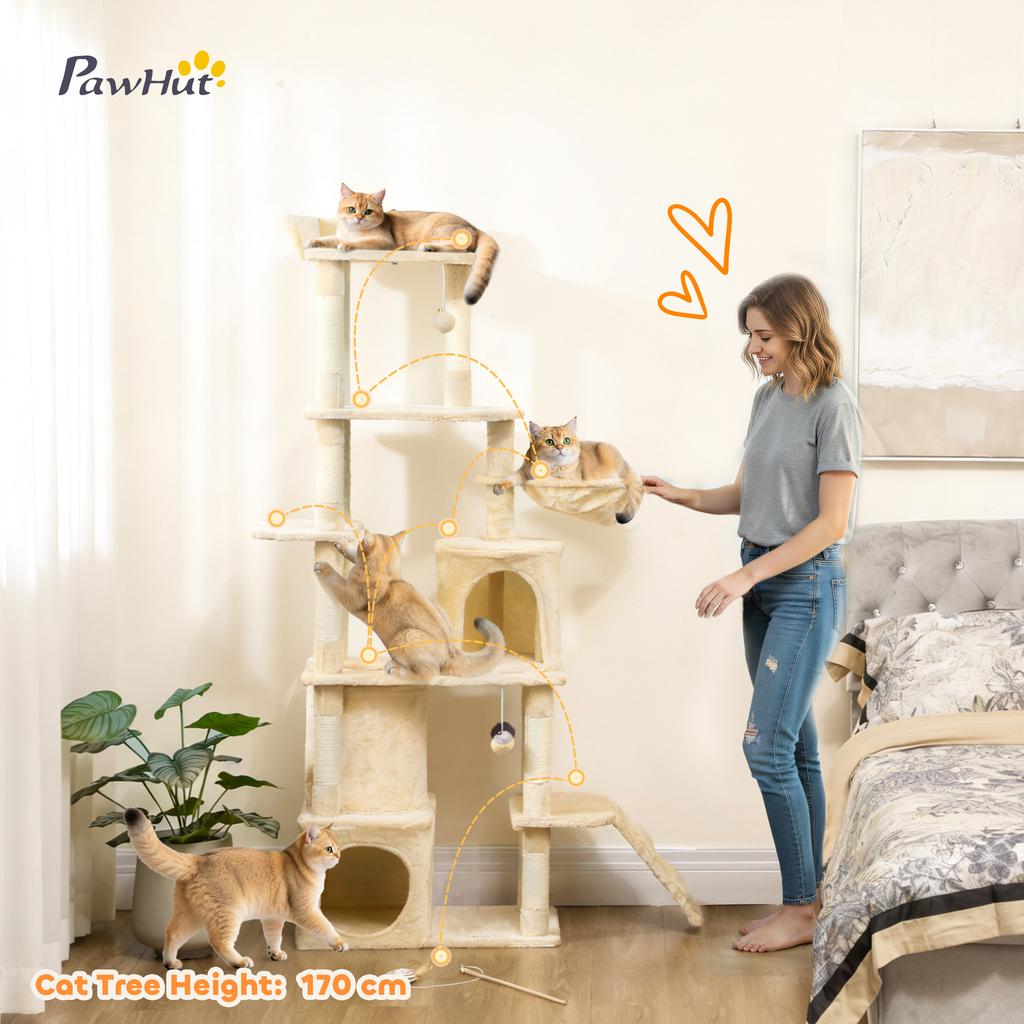 170 Cm Large Cat Tree Cat Tower With 7 Scratching Posts Tunnel 2 Condos Hammock Perch Ramp Pompoms Beige