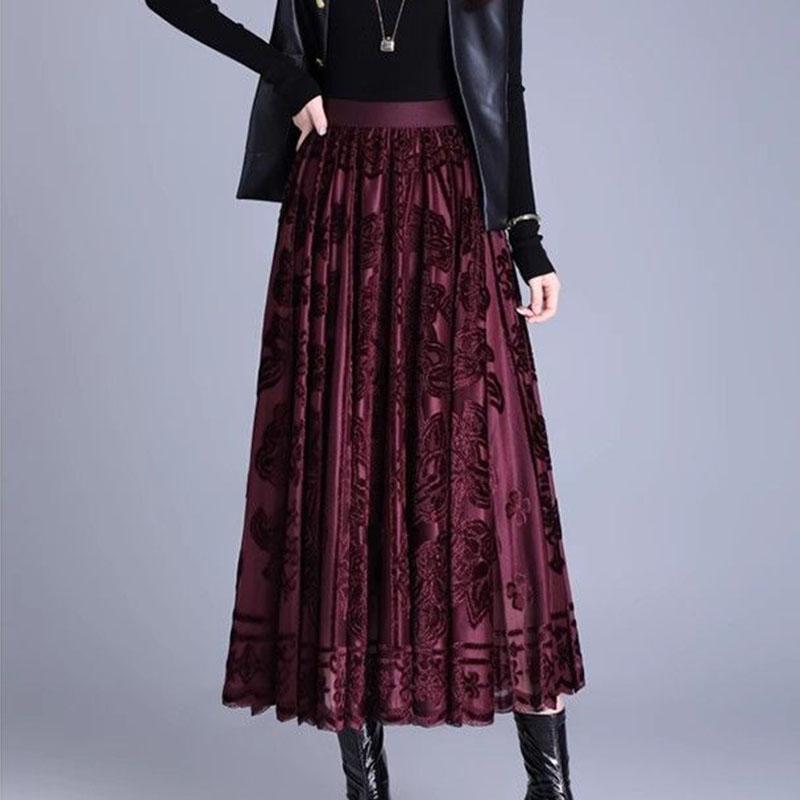 Women's Mesh Flocked Skirt Wide Flare High-Waisted Elastic Waist Gold Velvet Skirt A-line Pleated Skirt