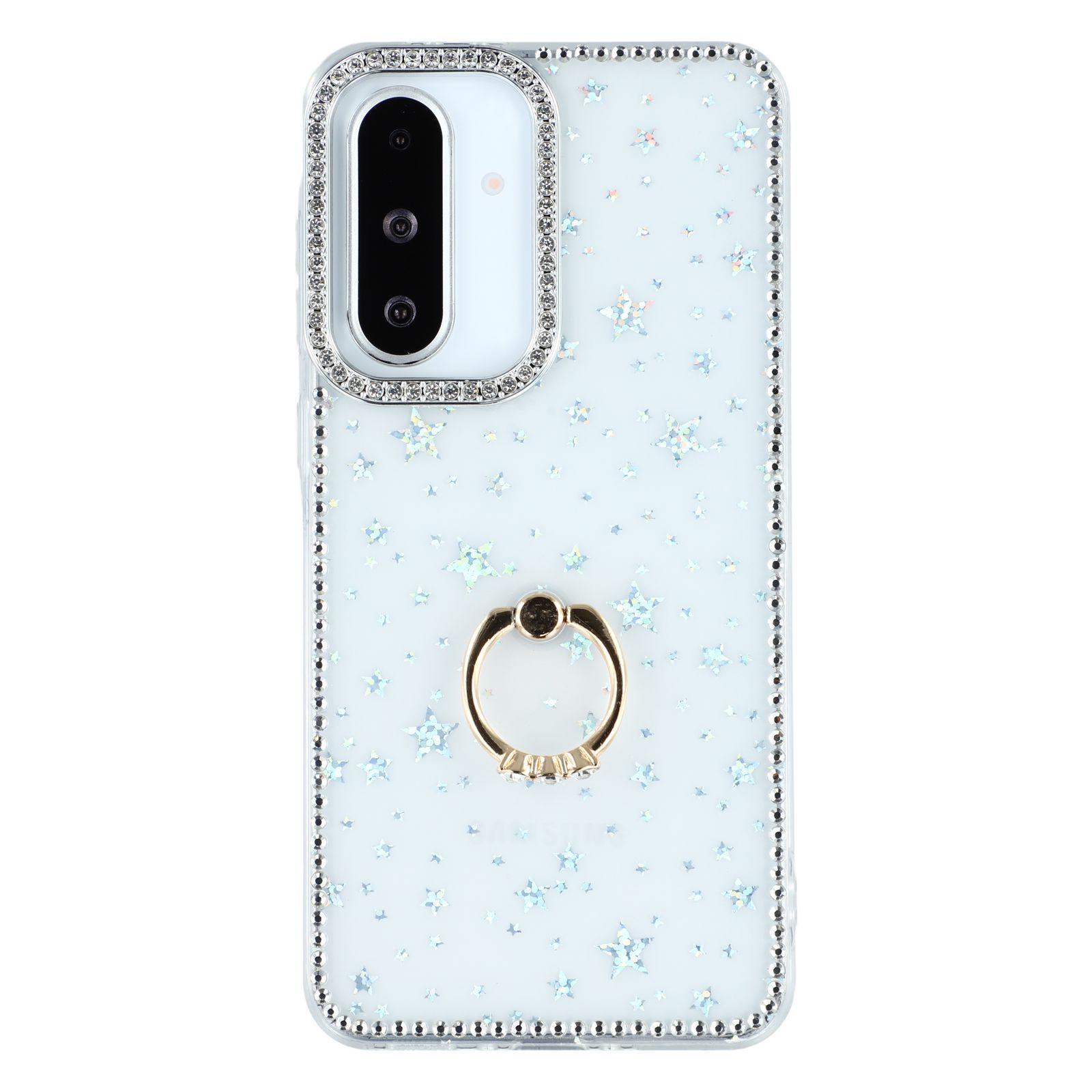 

For Samsung Galaxy A26 5G Case with Ring Kickstand Rhinestone Edge TPU+PC IMD Phone Cover Starry Transparent