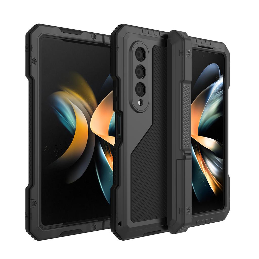 Custodia in Metallo con Cavalletto per Samsung Galaxy Z Fold 4, Cover Protettiva Ammortizzante in Alluminio a 3 Strati per Tutta la Superficie per Z Fold 4