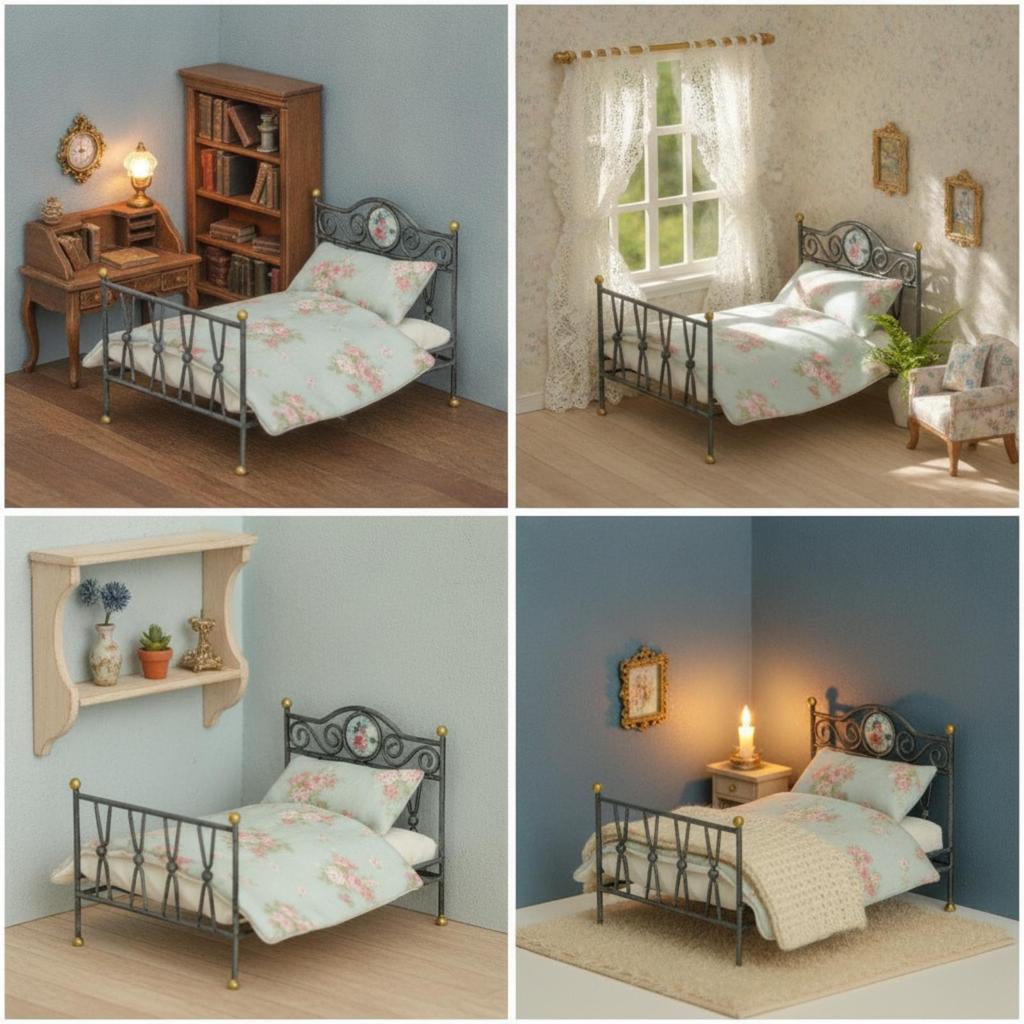 Bed with Bedding Vintage Miniature Metal Ornate Furniture for Collectors,