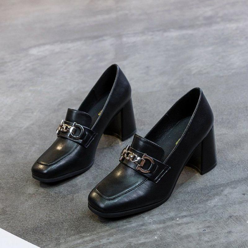 FHC New Soft Women Pumps,High Heels,Loafers Shallow Shoes,Square Toe,Slip On,British Style,Black,Beige,Dropship