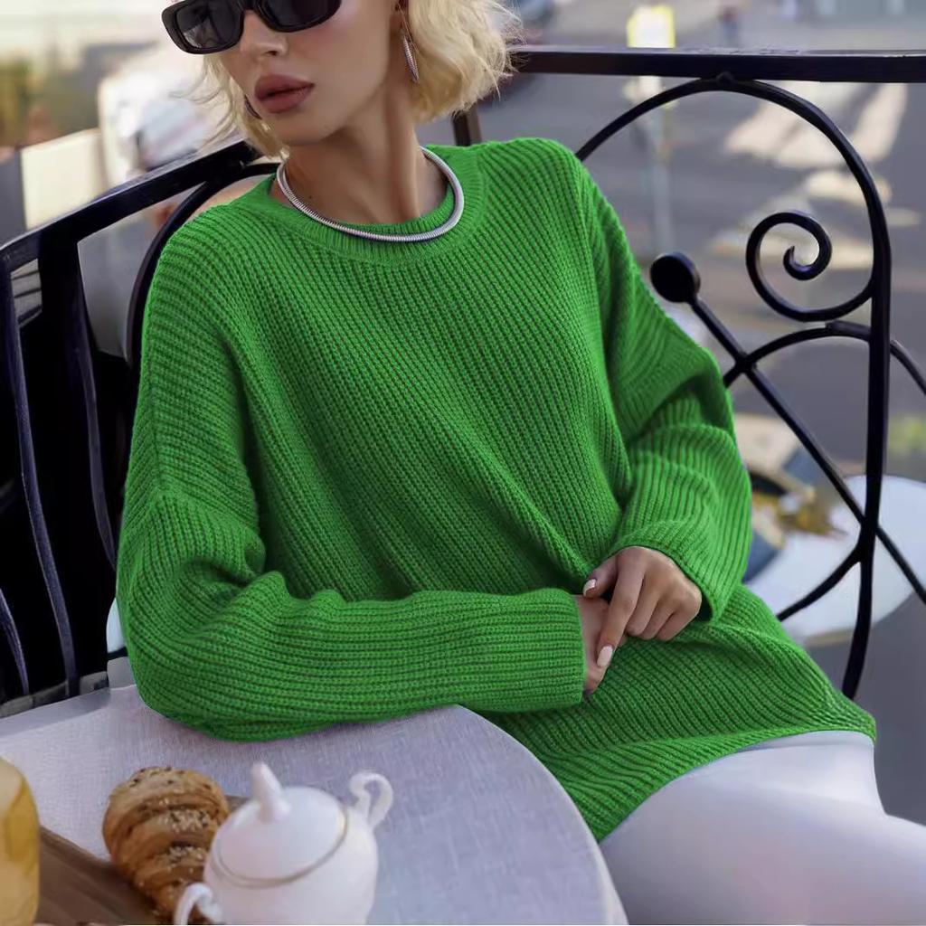 Spring Fall Solid Color Round Neck Sweater Women's Loose Ins Style Knit Elegant Pullover Comfortable Versatile Daily Wear