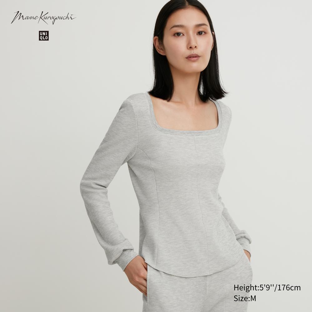 

Футболка UNIQLO Heattech из смесовой шерсти вафельного цвета с квадратным вырезом (длинный рукав)